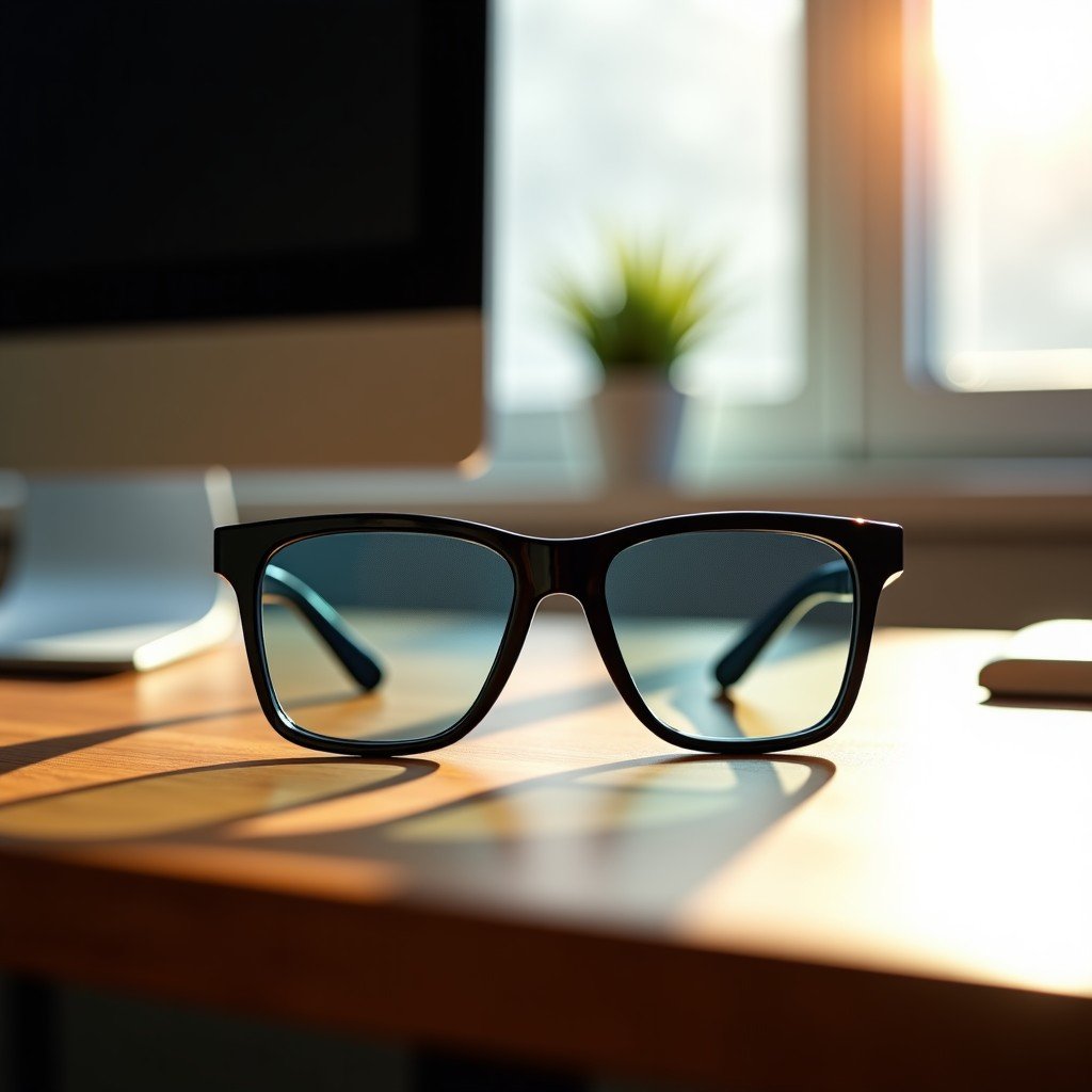 A pair of sleek, modern smart glasses resting on a minimalist wooden desk with soft natural sunlight. The lenses show a subtle glowing digital interface overlay. High quality lifestyle photography, 4:3