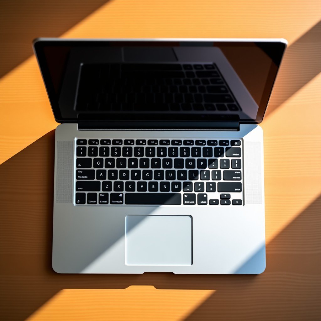 Top view of a redesigned slim laptop on a wooden desk, minimalist aesthetic, warm natural lighting, high quality texture, 4:3