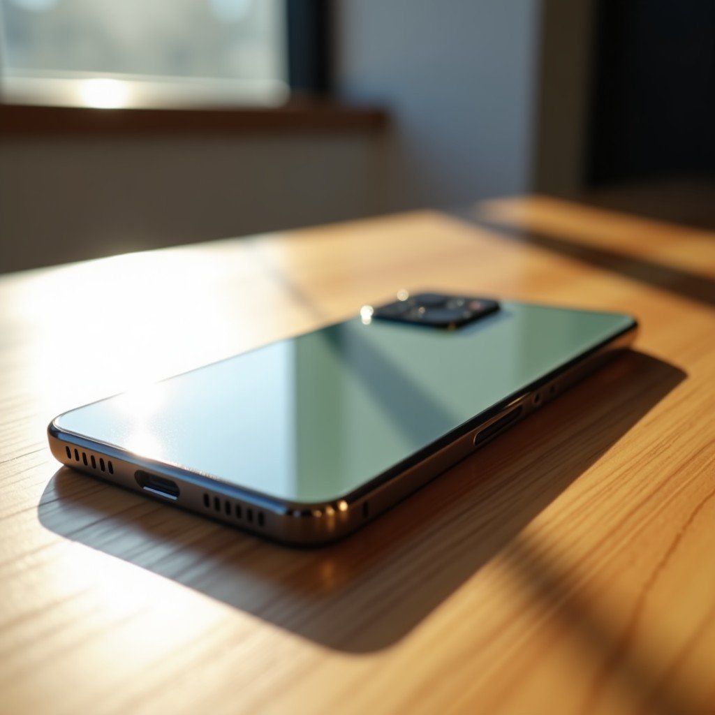 A high-end ultra-thin smartphone with a titanium frame and frosted glass back resting on a minimalist wooden desk. Soft natural morning light hitting the device. High-quality lifestyle photography. 4:3