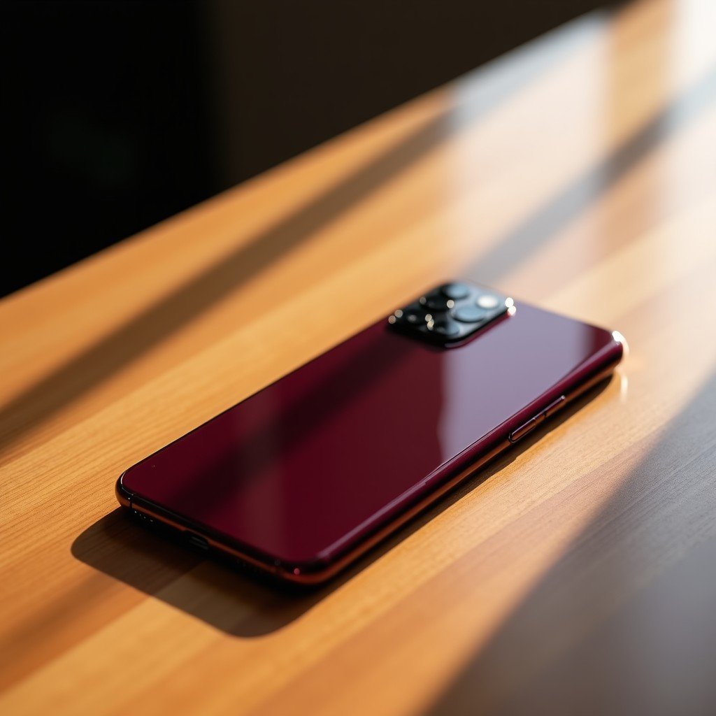 A premium smartphone in a deep burgundy color on a wooden table, elegant lifestyle photography, soft natural lighting, 4:3