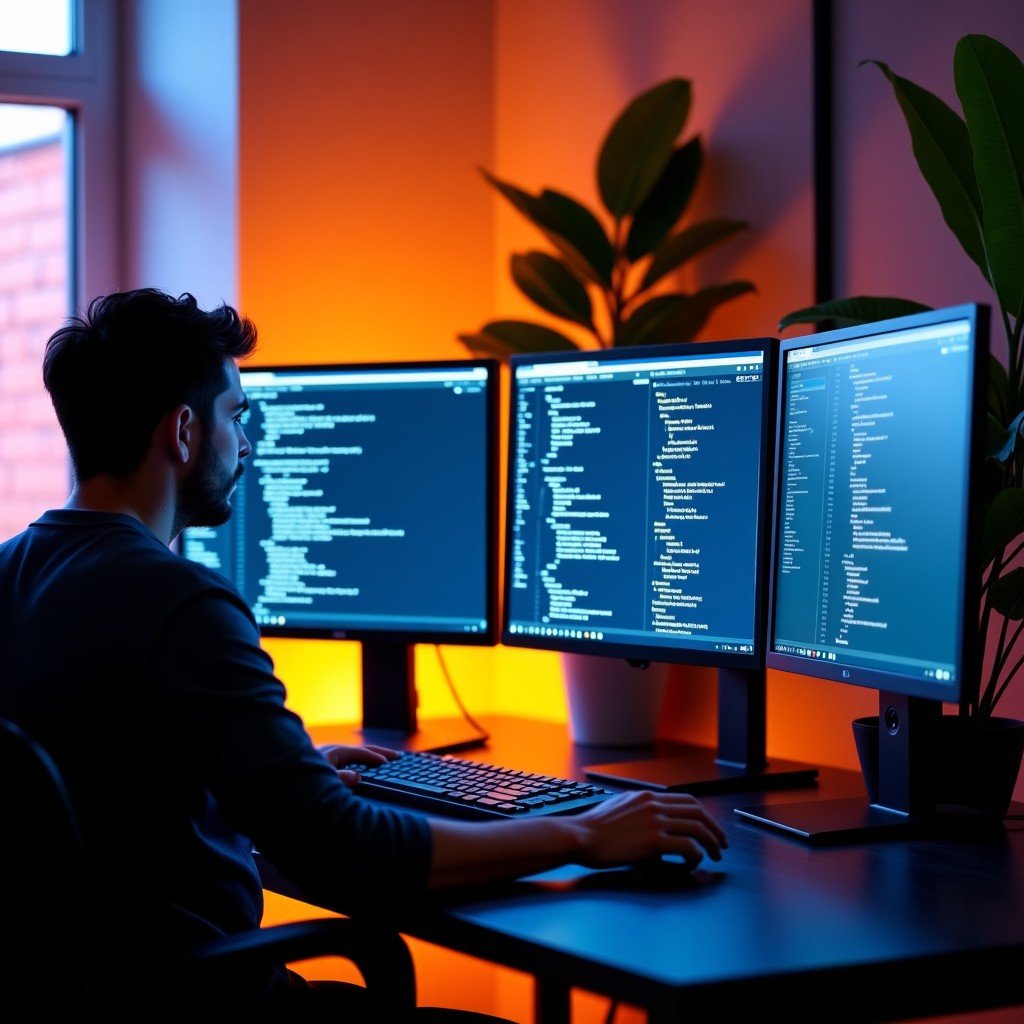 A modern software developer workspace with multiple monitors showing code and creative tools, warm ambient lighting, indoor plants in the background, high-quality digital photography, 4:3