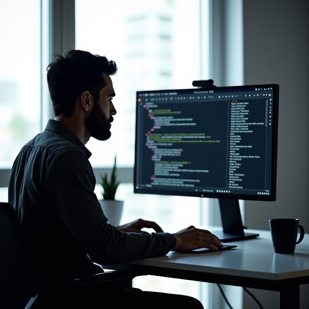 A professional software engineer working in a modern minimalist office, focusing on a large screen displaying clean lines of programming code, soft natural lighting, realistic photography style, 4:3