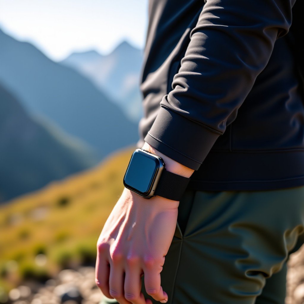 A person wearing a black titanium Apple Watch Ultra 3 with a black trail loop. Hiking attire, outdoor background with mountains in soft focus, bright natural lighting, detailed texture of the titanium casing. 1:1