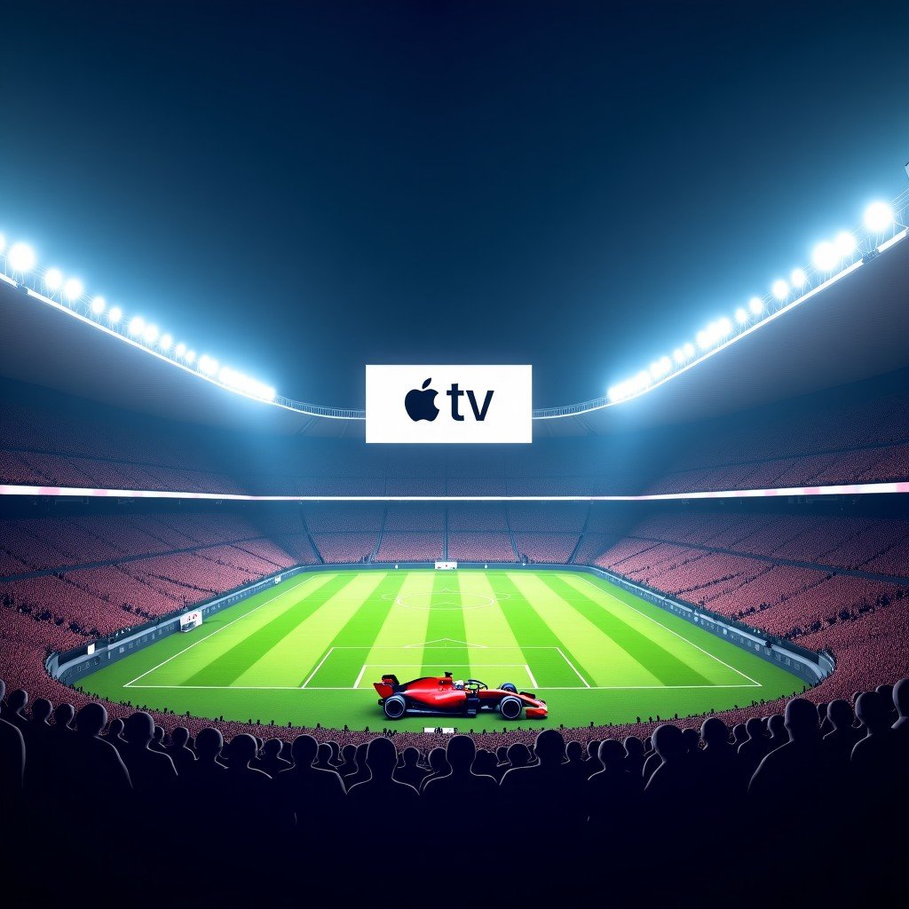 A wide cinematic shot of a modern American football stadium during a big game night, glowing with intense lights and packed with crowds. On a giant digital screen, the Apple TV logo and a sleek Formula 1 racing car are displayed side by side. Professional photography style, vibrant colors, evening atmosphere. 4:3