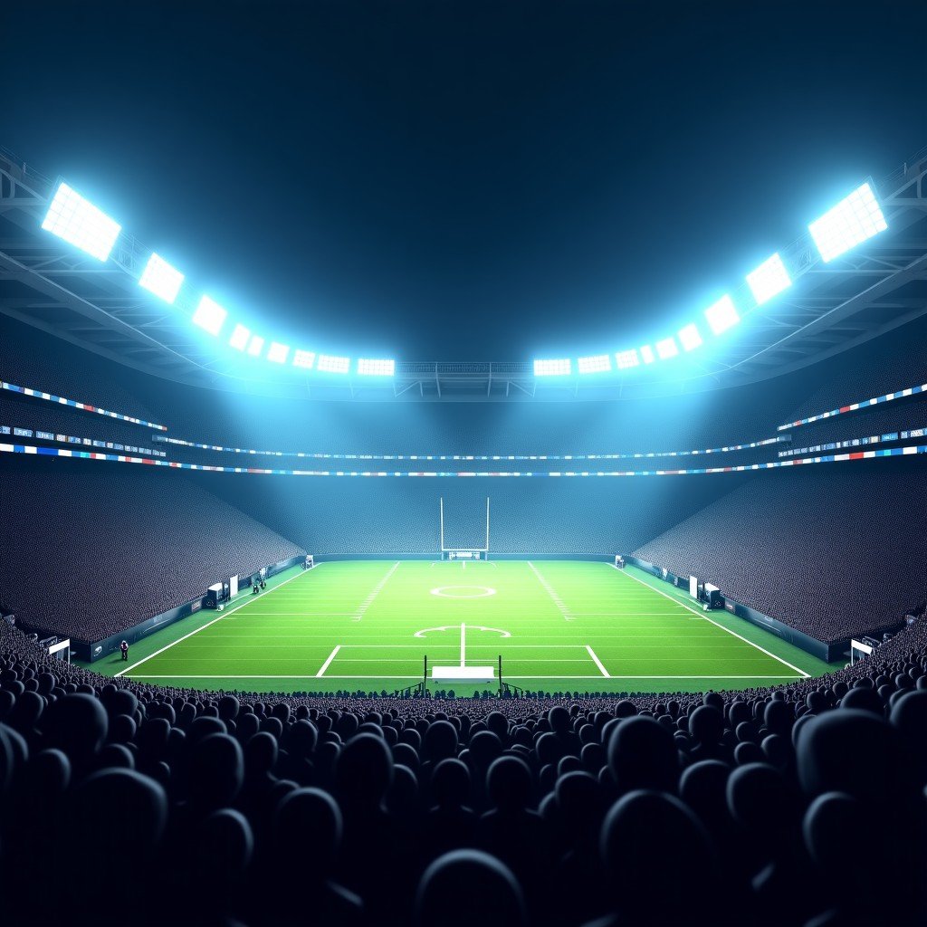 A wide angle view of a packed American football stadium during a major game at night. Bright stadium lights illuminate the field and the crowd. The scene captures the intense and exciting atmosphere of a championship event. 4:3