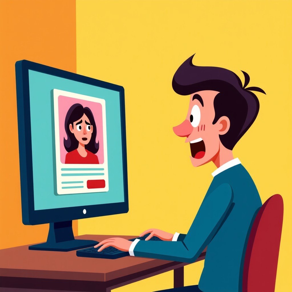 A humorous conceptual illustration of a person looking surprised at a digital screen where an irrelevant dating ad pops up during a serious conversation. Artistic style with vibrant colors, expressive character, 4:3