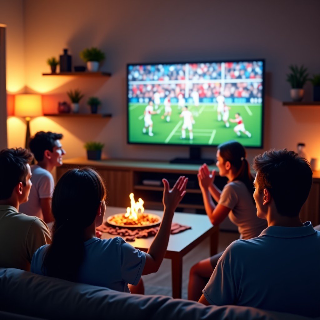 A group of diverse friends in a modern living room, cheering and watching a big game on a large TV. The room is decorated with sports memorabilia and snacks are on the table. Warm and joyful lighting, cinematic composition. 4:3