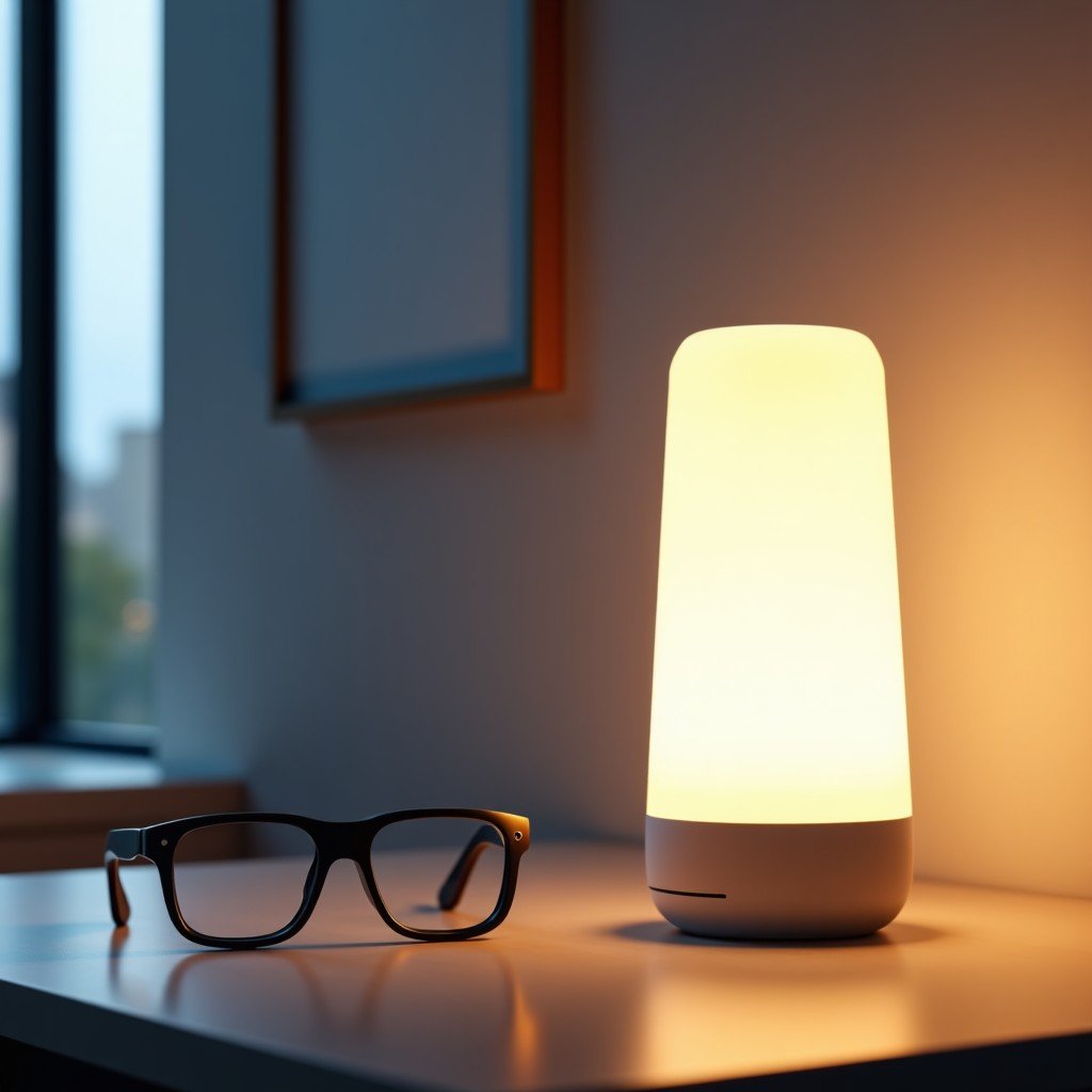 A pair of stylish smart glasses and a modern smart lamp on a desk, tech focused lifestyle setting, clean and sophisticated aesthetic, futuristic wearable and home gadget, 4:3