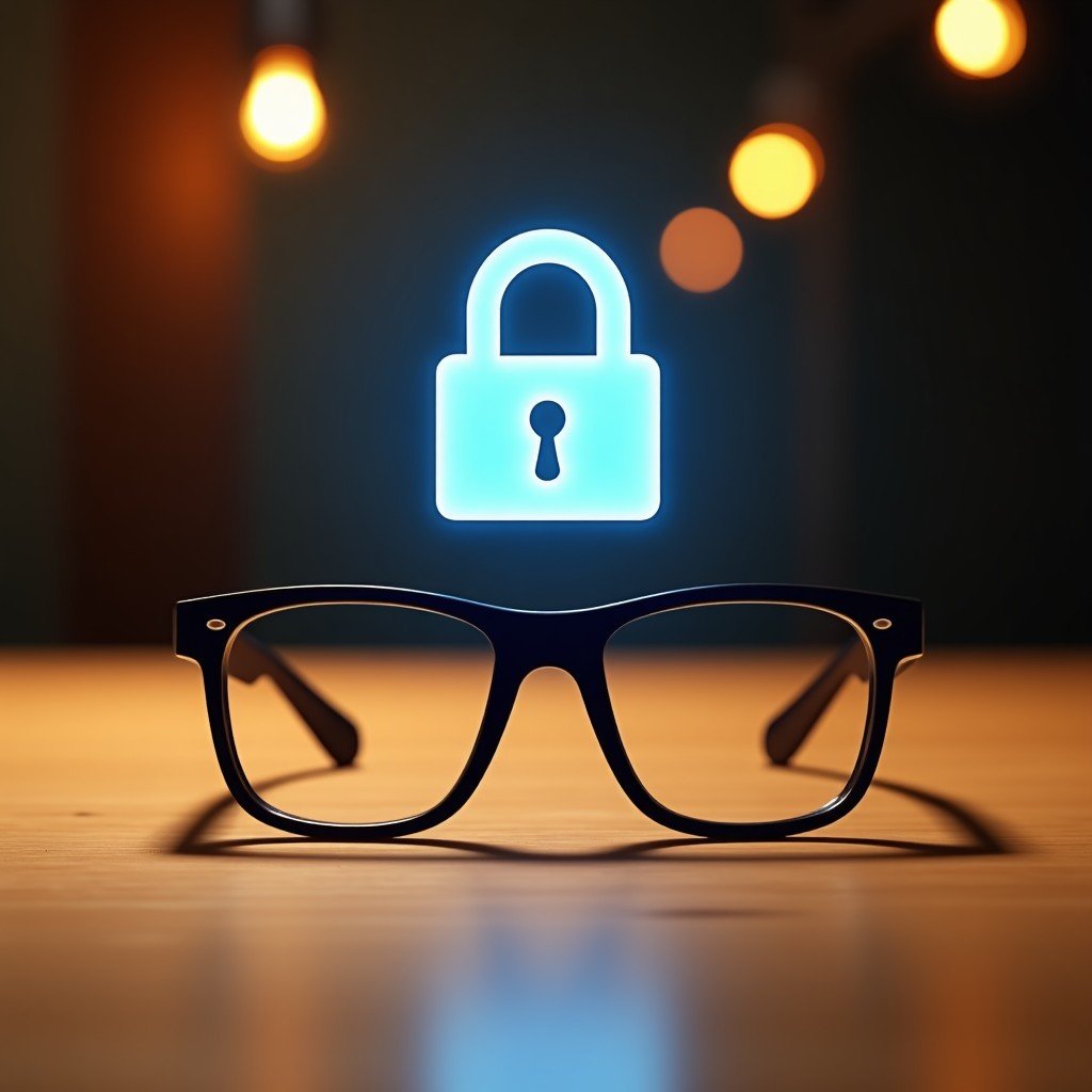 A pair of smart glasses placed on a wooden table with a digital lock icon floating above it. Symbolizing privacy and security. Warm indoor lighting, professional photography style. 4:3