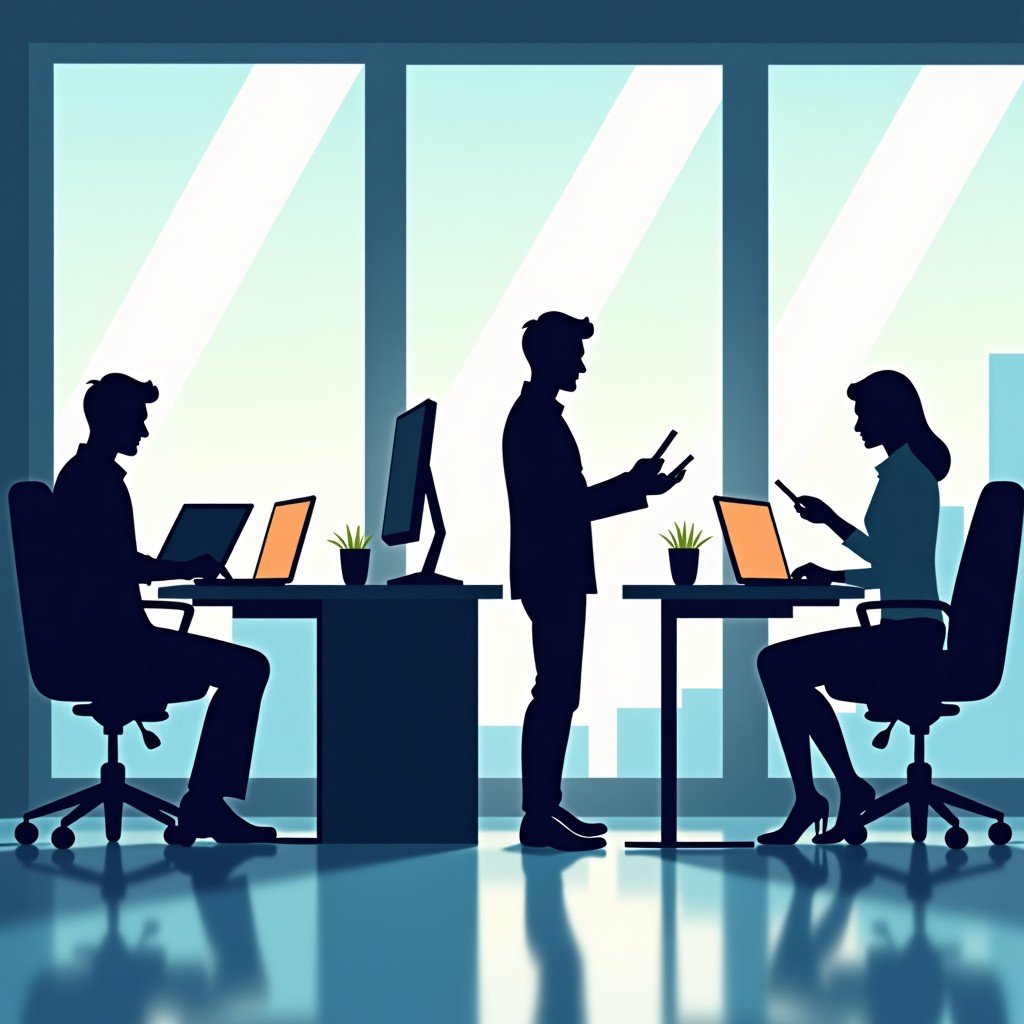 A group of office workers using their mobile devices and laptops to print and work seamlessly in a modern collaborative workspace. 4:3