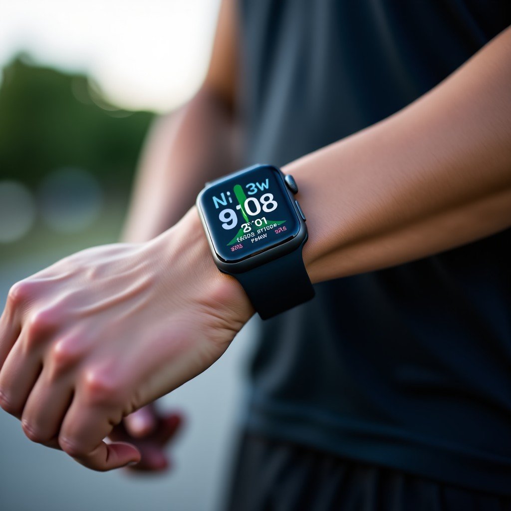 Close up of a modern smartwatch on a person wrist during a workout, glowing biometric sensors, professional photography, natural outdoor lighting, 1:1
