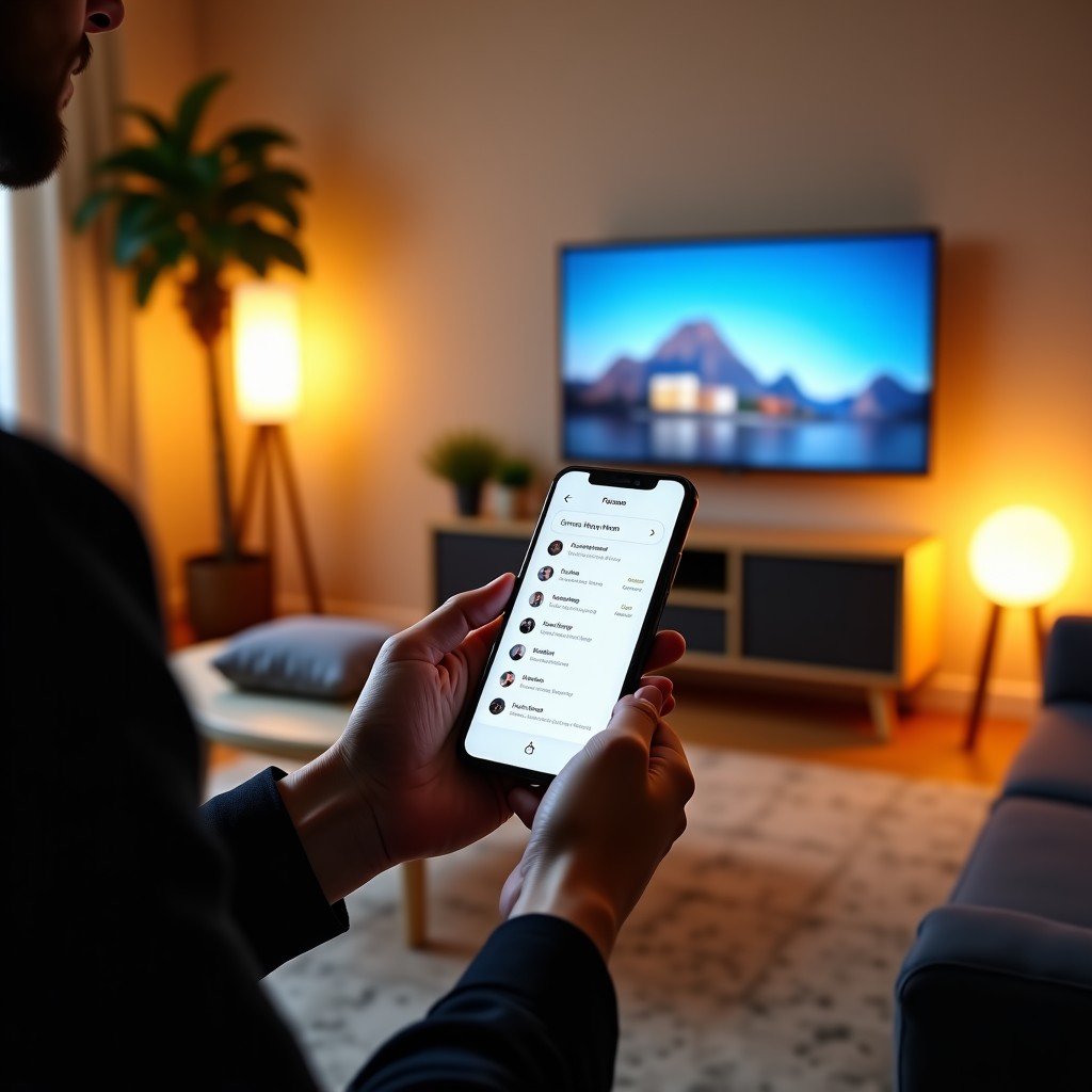 A modern living room with smart home devices integrated, a person holding a sleek smartphone showing a smart home interface, warm lighting, cozy atmosphere, high quality photography, 4:3