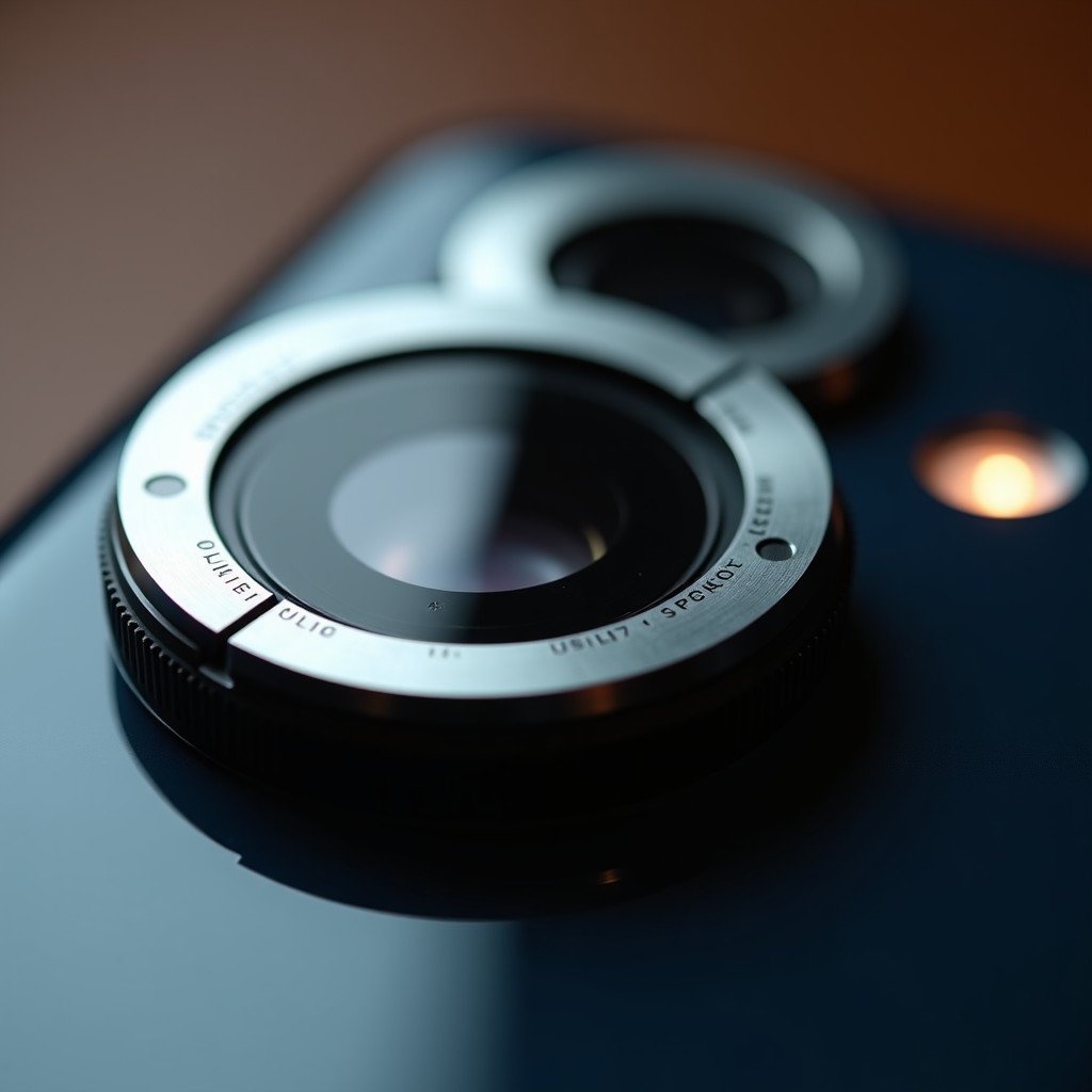 Close up of a smartphone camera lens featuring a mechanical variable aperture blade, professional optical equipment look, 4:3