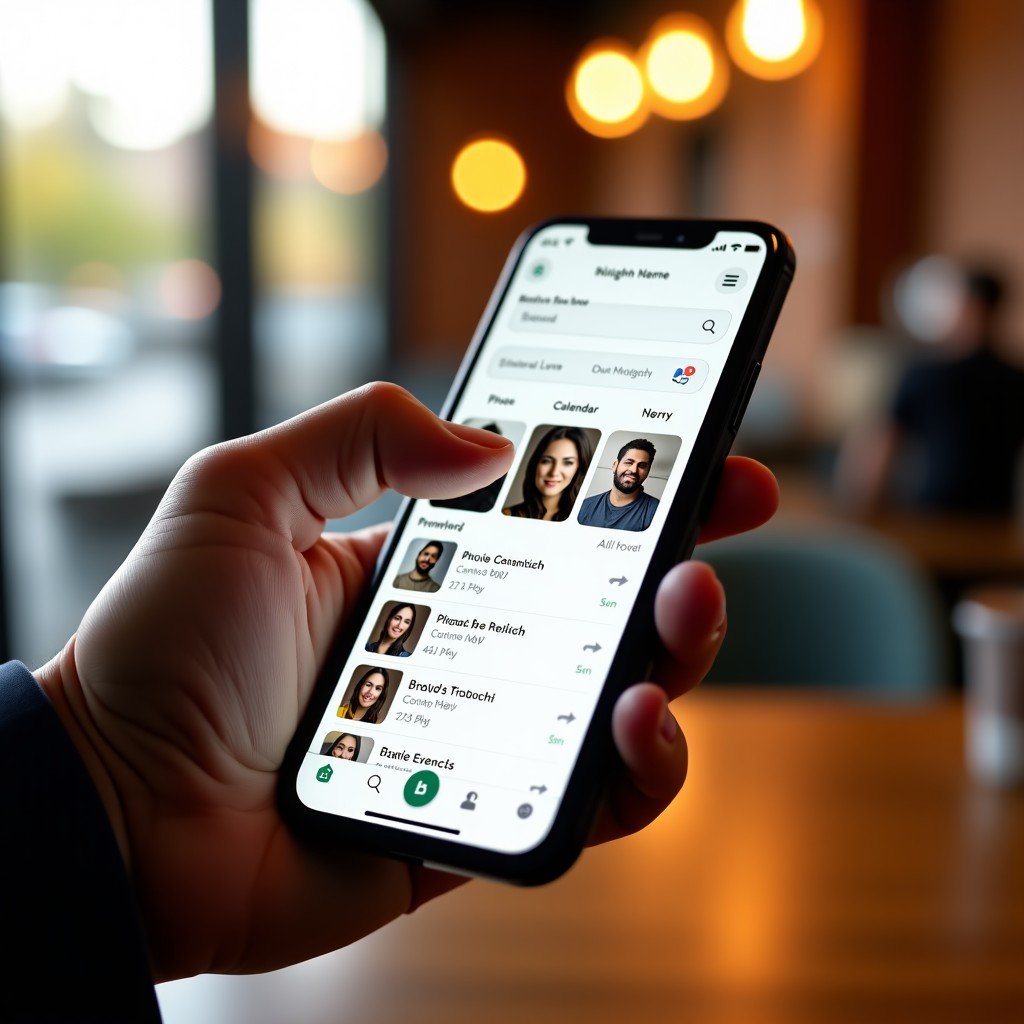 A close up of a person's hand interacting with a smartphone screen showing a unified search result page containing photos and calendar events. Natural warm lighting in a modern cafe setting. 4:3