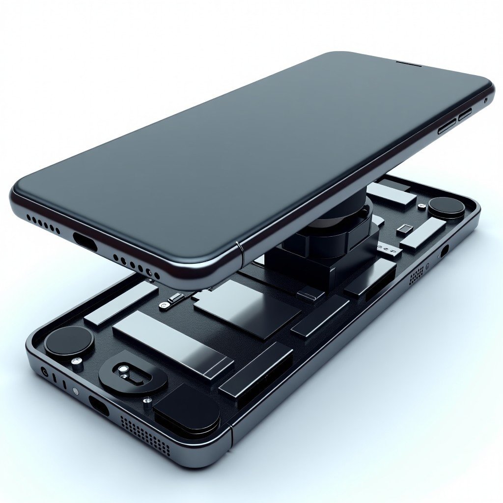 Detailed internal view of a premium smartphone showing a large high capacity battery and advanced cooling system, realistic 3D render, 4:3