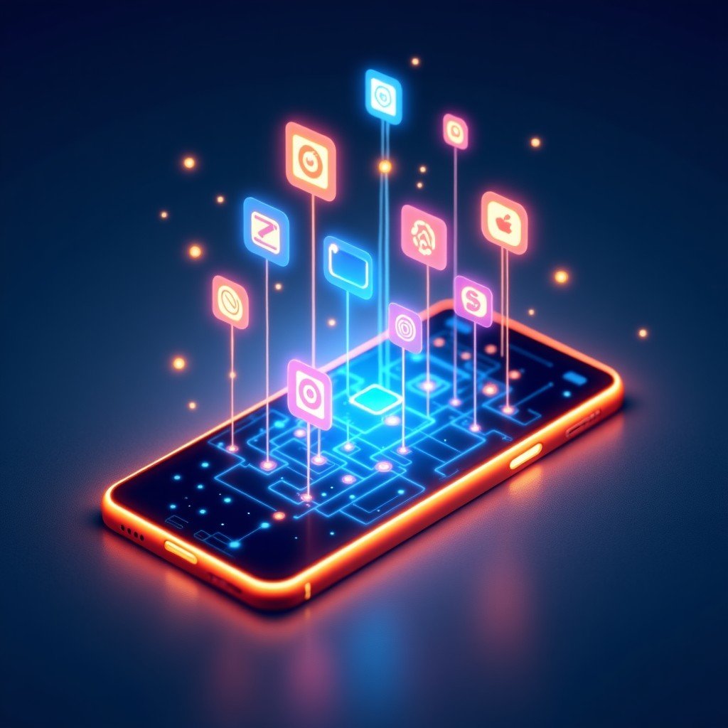 An abstract illustration representing the opening of smartphone software architecture, glowing light lines connecting various app modules, high contrast textured background, 4:3