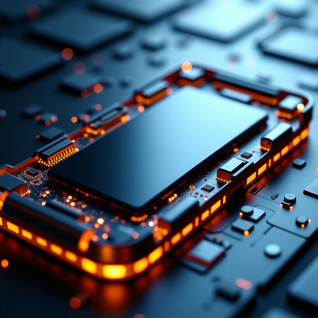 A high-tech smartphone internal view focusing on a large high-capacity battery unit, glowing circuit traces, metallic textures, professional tech photography style, 1:1