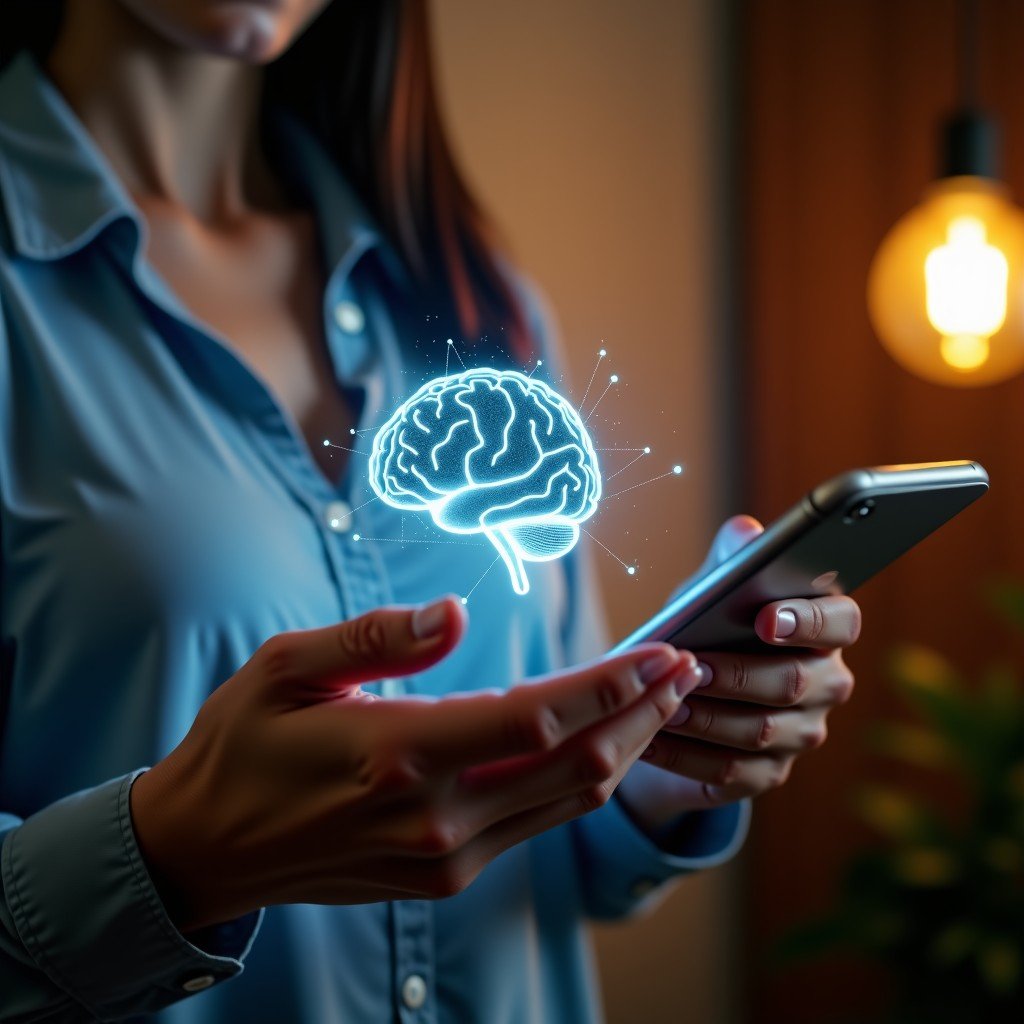 A realistic lifestyle image of a person holding a modern smartphone with a subtle translucent overlay showing a glowing digital brain architecture made of nodes and connections. Warm indoor lighting, focused on the device. 4:3