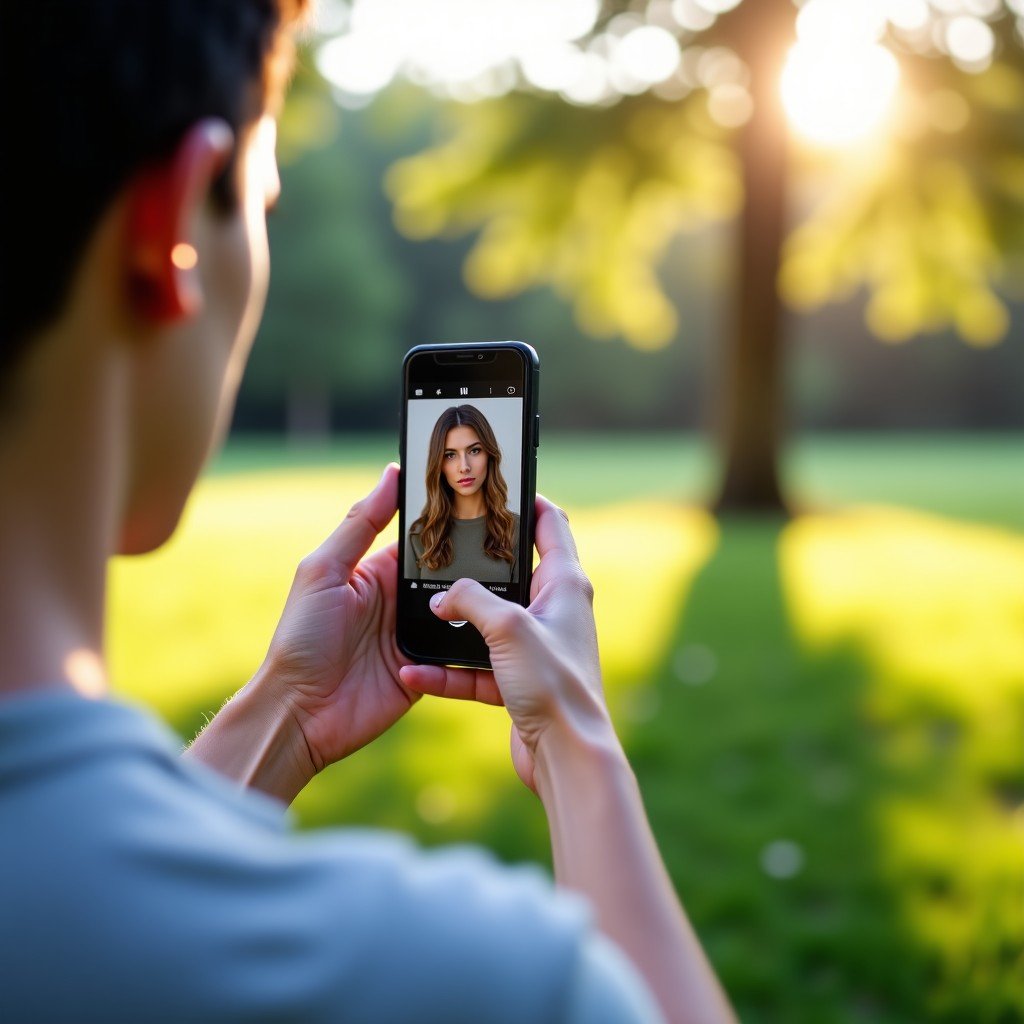 A person holding a smartphone taking a portrait shot of a model in a park, natural sunlight, blurred background bokeh effect, professional look, 4:3