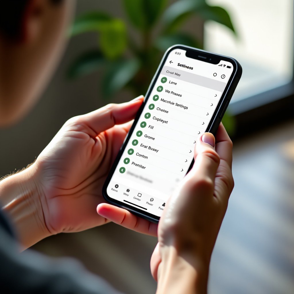 Close up of hands holding a smartphone navigating through a clean settings menu, natural indoor lighting, lifestyle photography, 4:3