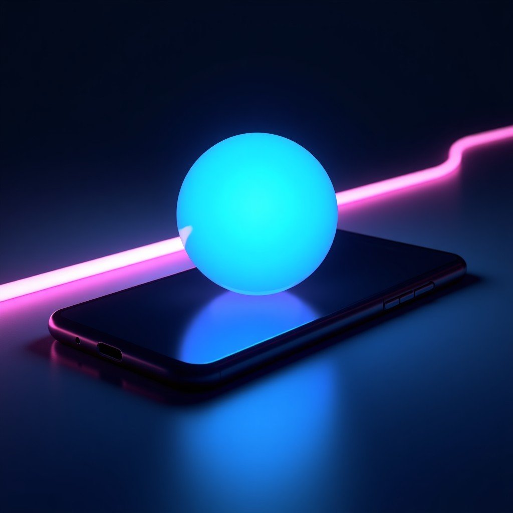 A sleek smartphone displaying a futuristic glowing orb representing a sophisticated AI voice assistant, dark background with subtle blue and purple neon light traces, 4:3