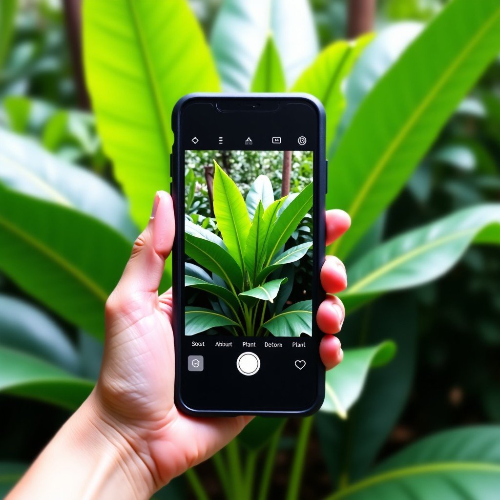 A smartphone screen identifying a rare tropical plant in a lush green garden, detailed texture, bright natural daylight, informational display, 4:3