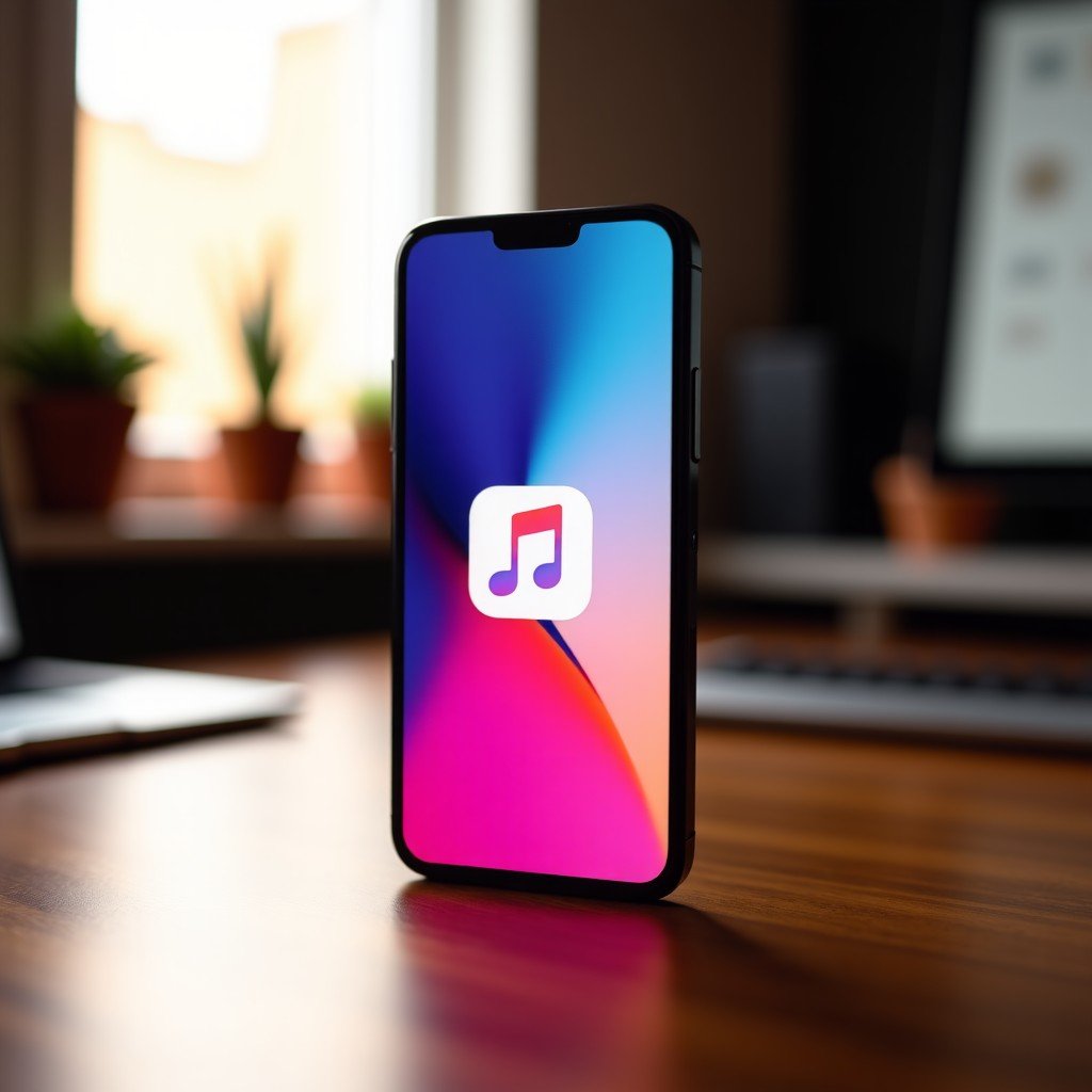 A high-quality lifestyle photograph of a modern smartphone on a wooden desk. The screen shows the icons of Apple Music and TikTok side by side against a vibrant gradient background. The lighting is warm and natural coming from a window. 4:3