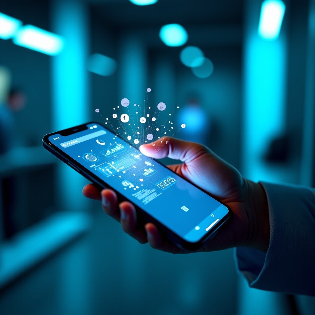 A sleek modern smartphone showing a complex app interface being analyzed by a glowing digital neural network overlay. The background is a clean high-tech laboratory setting with soft blue ambient lighting. High contrast and cinematic composition. 4:3