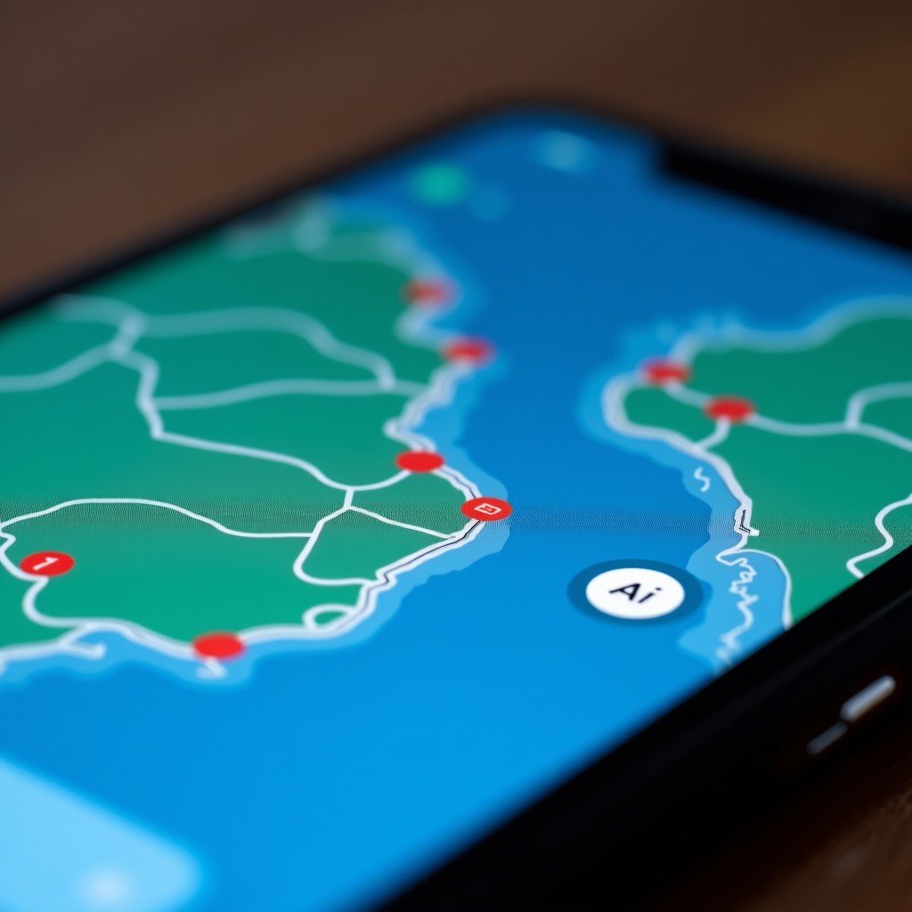 Close-up of a high-end smartphone screen displaying a map and a chat window simultaneously with a subtle AI glow indicating screen awareness, realistic lifestyle photography, 4:3