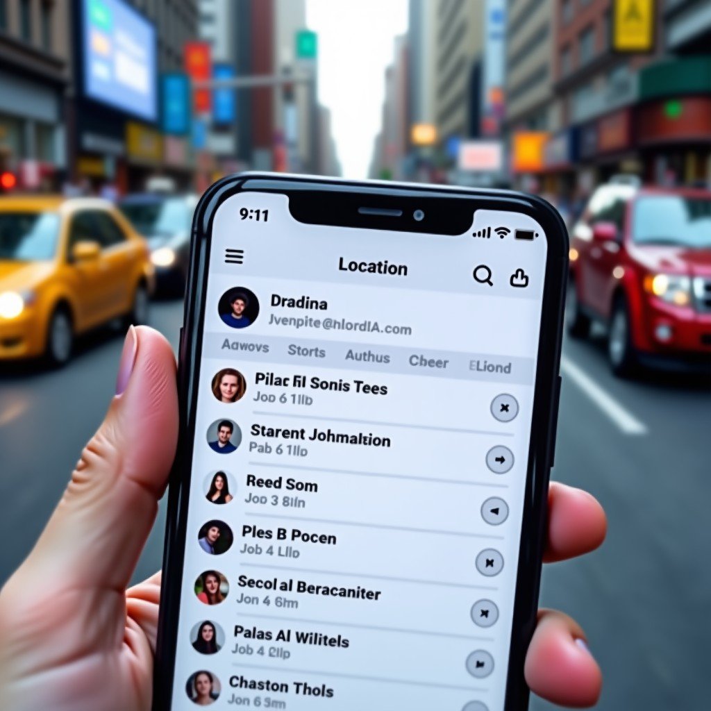 Close up of a smartphone screen displaying a clean and modern social media feed UI with location icons and nearby content, blurred city background, high resolution, 1:1