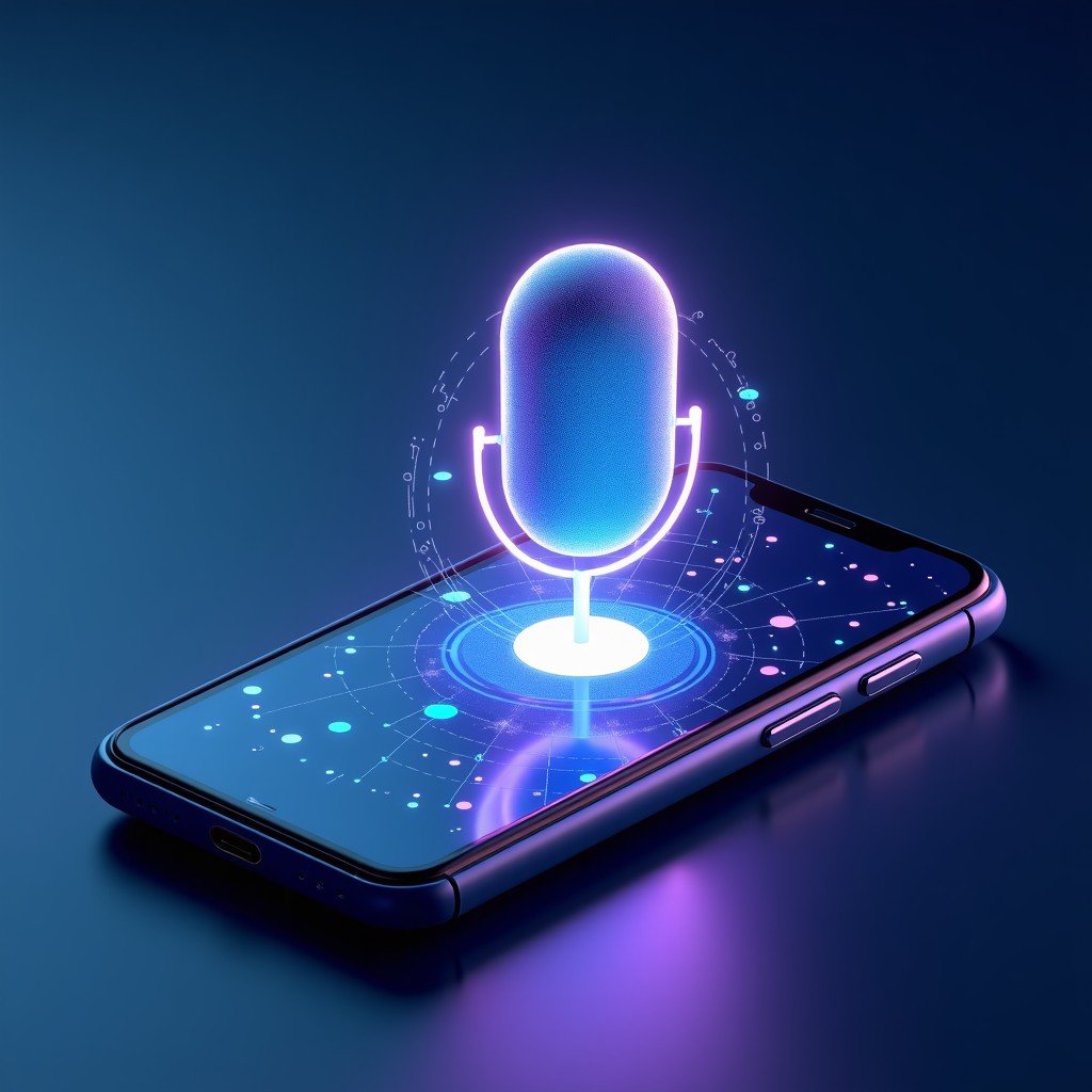 A modern smartphone displaying abstract neural network glowing lines and a futuristic voice assistant interface, clean tech aesthetics, soft blue and purple lighting, high quality digital rendering, 4:3