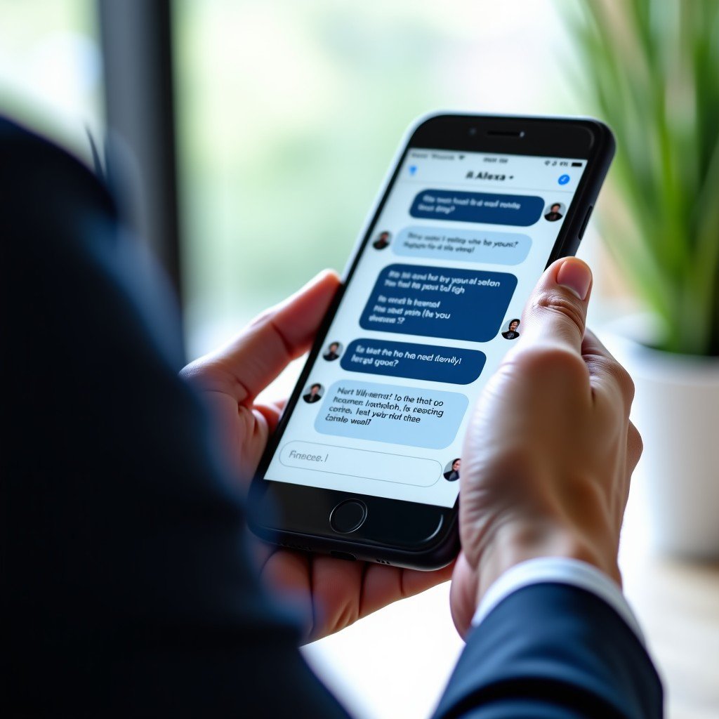 Close up of a person's hands holding a modern smartphone, displaying a sophisticated chat interface with text bubbles. The screen shows a conversation with an AI assistant named Alexa+. Bright and clean lighting, professional indoor setting, 4:3