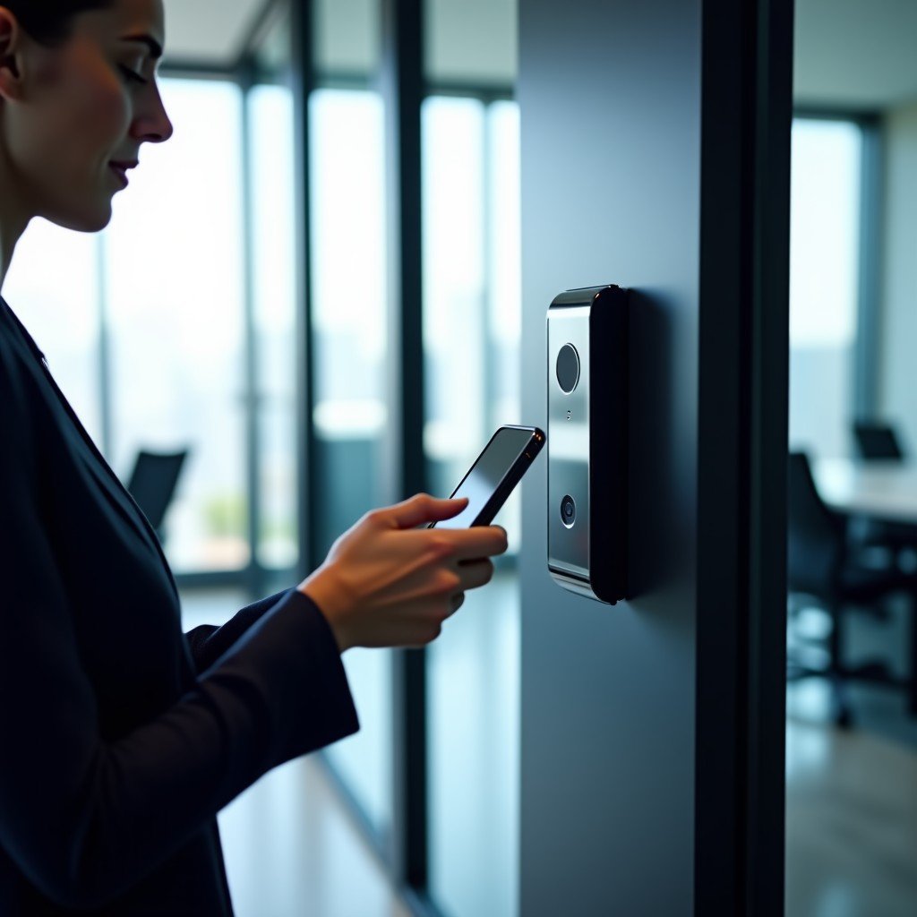 A high-tech modern office door with a sleek electronic reader. A person is holding a modern smartphone near the reader to unlock the door. The lighting is bright and professional with a clean office background. 4:3