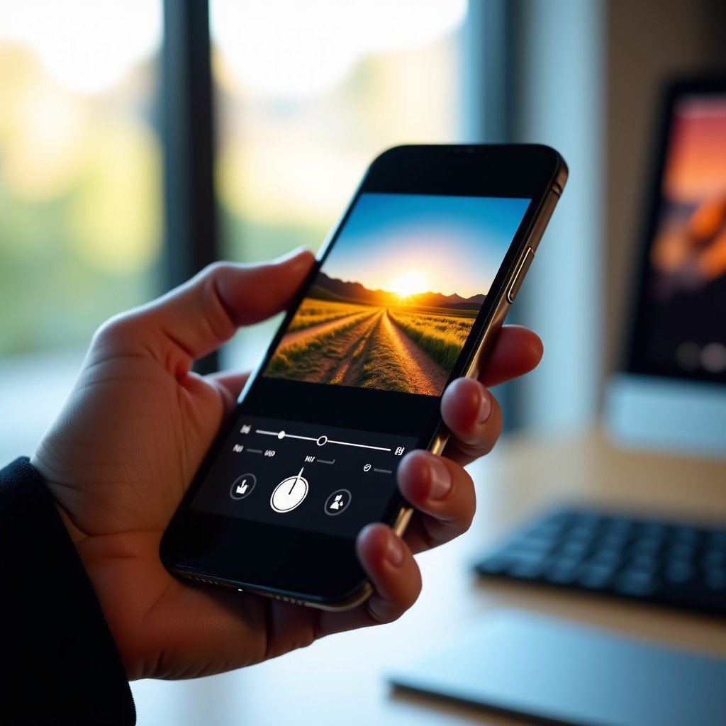 A high-end smartphone displaying a professional photo editing interface with vibrant landscape image on screen. A person's hand is subtly touching the screen to adjust sliders. Modern office background with soft bokeh. Realistic lifestyle photography. 4:3