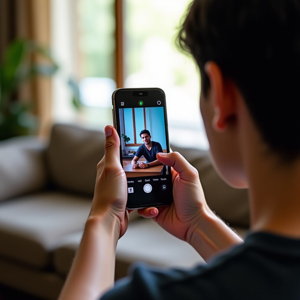 A person holding a very thin smartphone horizontally watching a colorful video. Natural lighting in a cozy living room. Shallow depth of field focusing on the device screen. 4:3