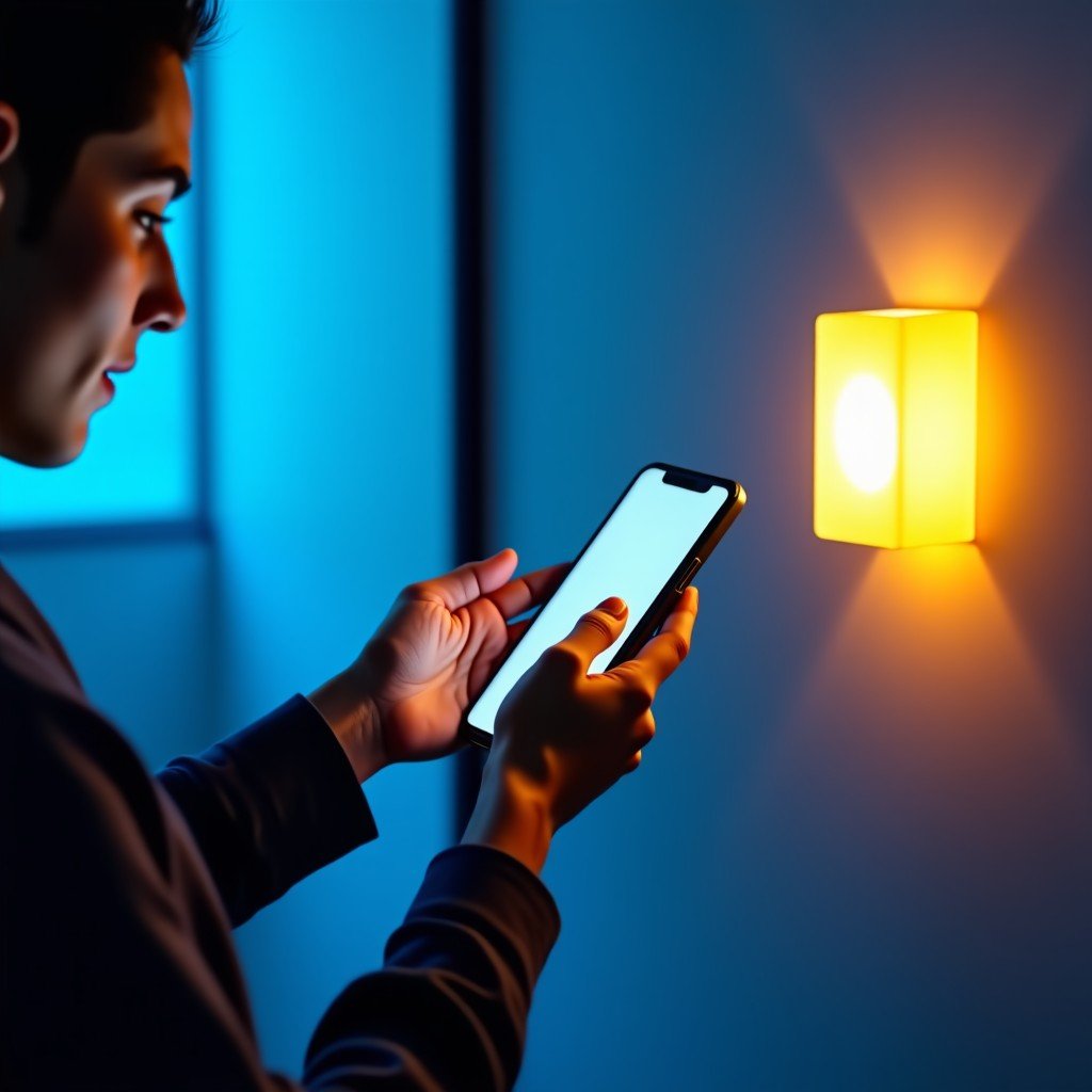 A person using a smartphone to turn off lights in a smart home environment, blue and orange ambient lighting, futuristic feel, 1:1