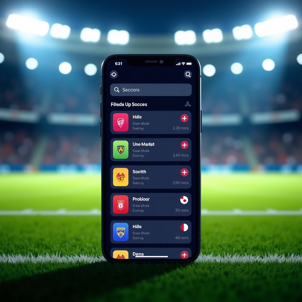 A sleek smartphone displaying a modern sports app interface with live soccer scores, vibrant team colors, and clean typography on a blurred stadium background, high contrast, cinematic lighting, Apple Sports concept. 4:3