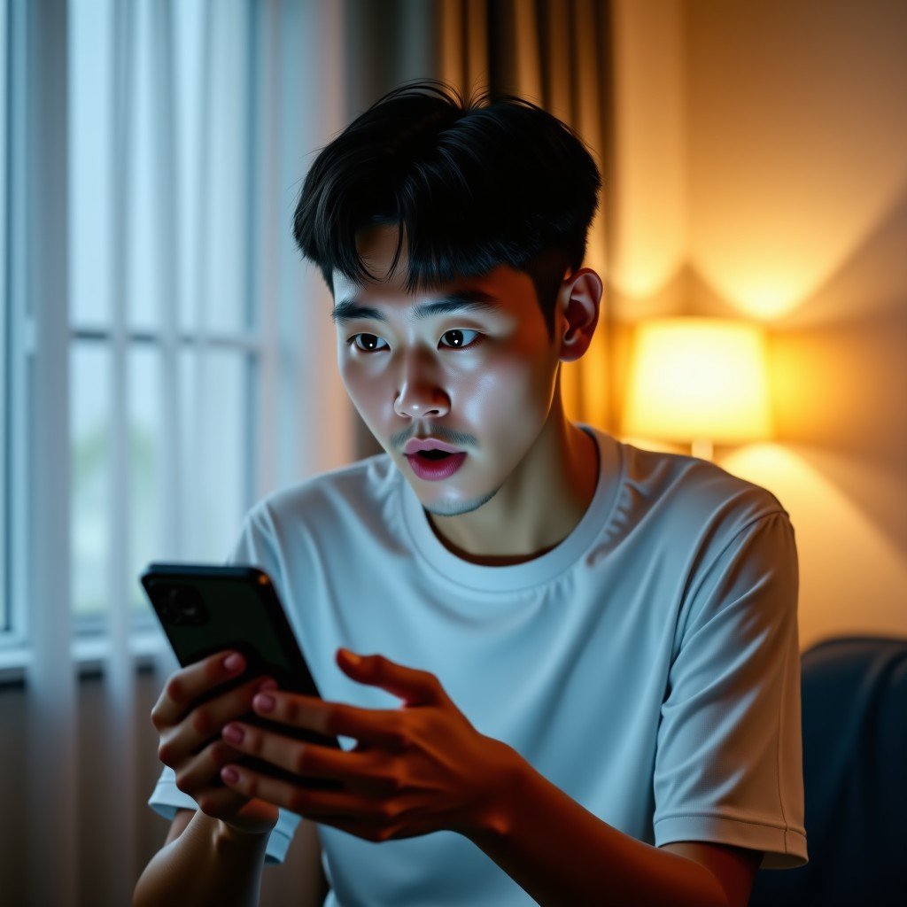A young Korean man looking at his smartphone with a surprised and confused expression while receiving a mysterious phone call in a modern apartment setting 4:3