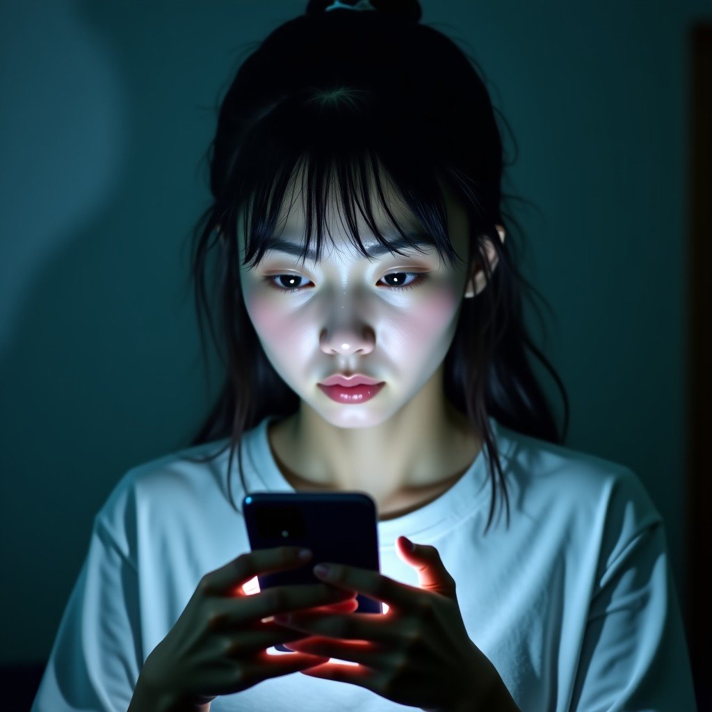 A Korean teenage girl looking at her smartphone screen with a worried expression in a dimly lit room, soft light from the screen illuminating her face, cinematic atmosphere, 4:3