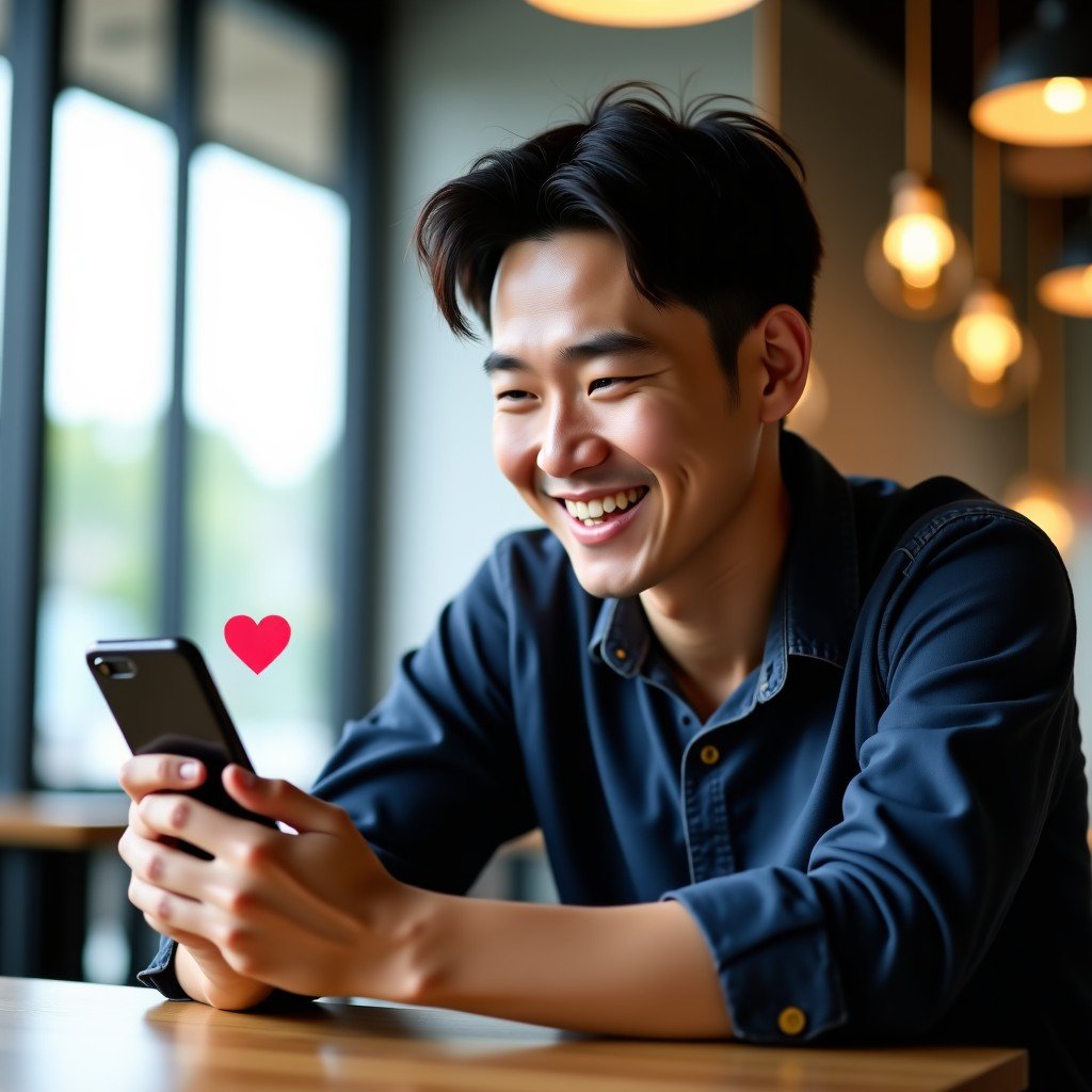 A Korean man sitting in a modern cafe, holding a smartphone and smiling as he looks at his Facebook profile picture. On the screen, a small heart animation is being applied to his photo. Natural daylight, lifestyle photography style, warm atmosphere. 4:3