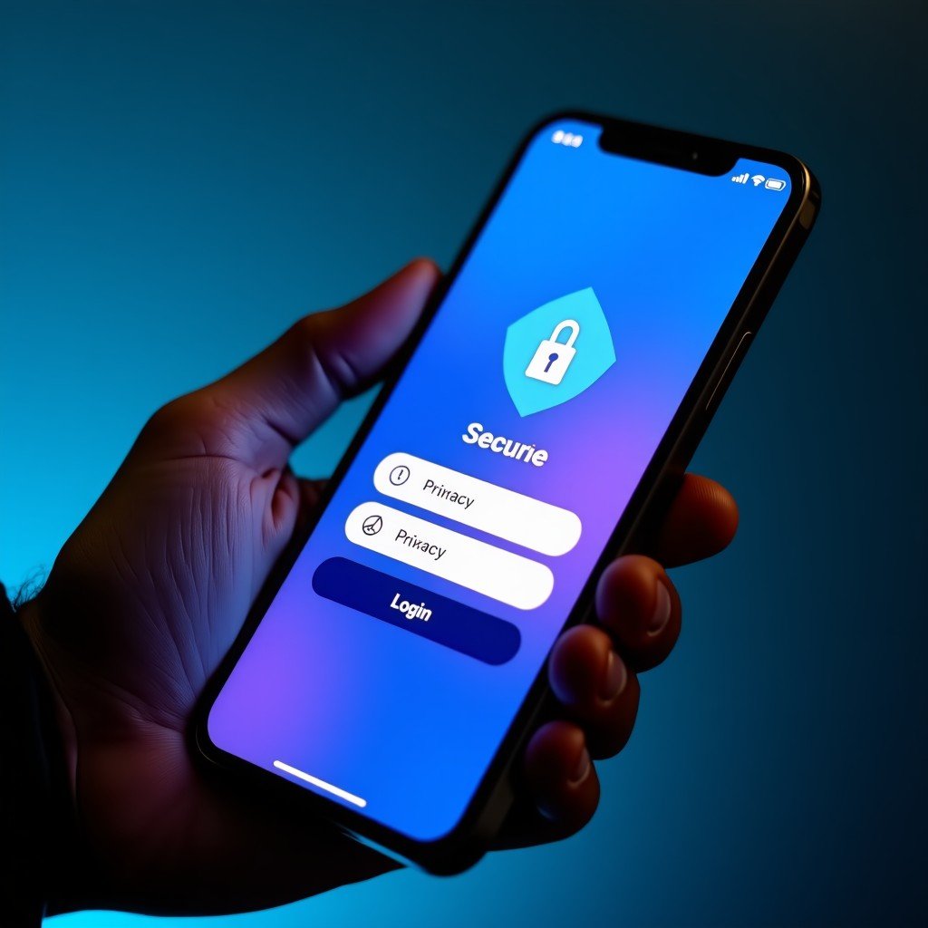 A person holding a smartphone showing a secure login interface with a blue and purple color palette similar to a communication app UI, focusing on security and privacy icons. 4:3