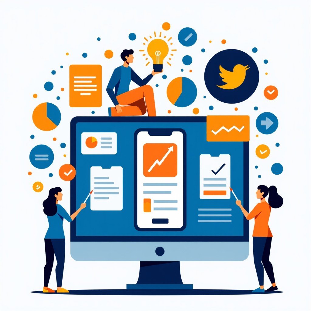 A modern and clean infographic illustrating swift app development icons and creativity concepts. Vibrant colors, blue and orange tones, high contrast, professional layout, 4:3