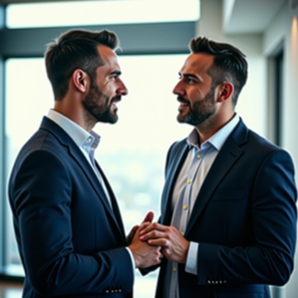 Two professional men in a modern architectural setting engaged in a deep and passionate conversation. One figure resembles a visionary leader. Clean composition with soft lighting. Professional business photography style. 4:3