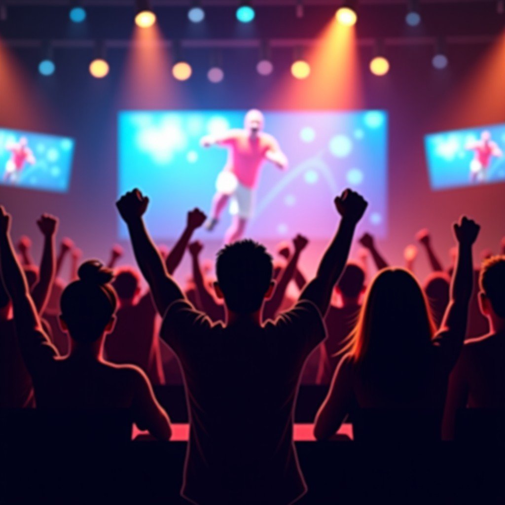 A group of diverse fans cheering excitedly in a stylish sports bar with multiple screens, cinematic lighting, vibrant atmosphere, 1:1