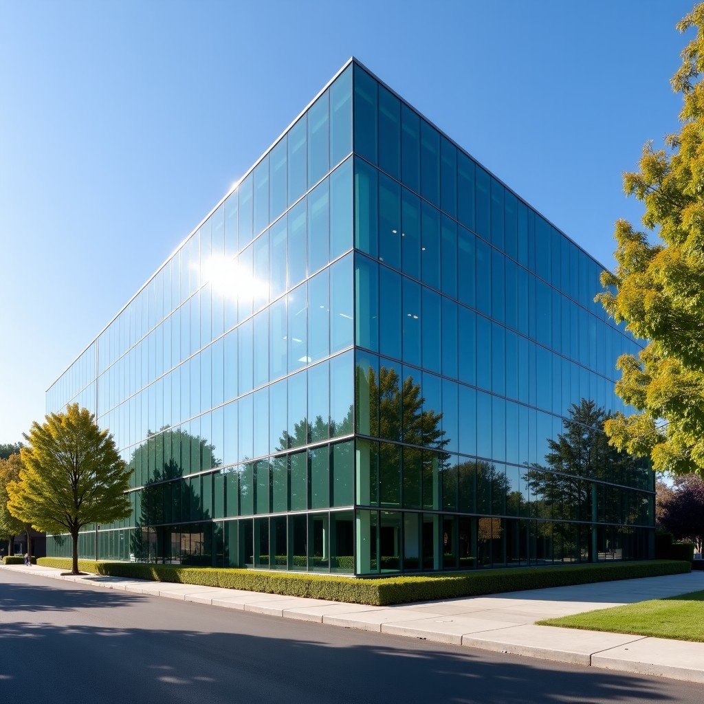 Apple corporate building exterior in Cupertino, sleek glass architecture, sunny day, professional corporate environment, 1:1
