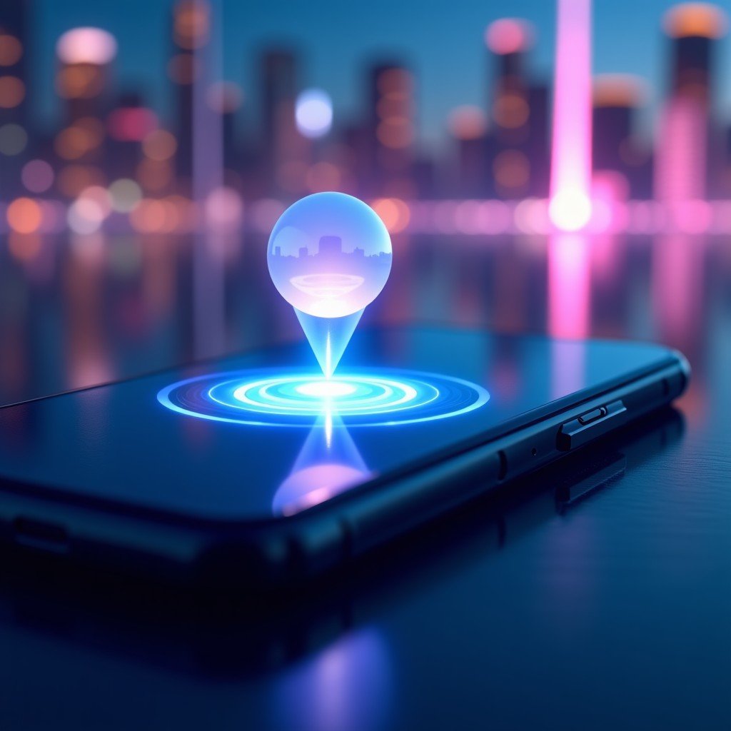Close up of a sleek futuristic smartphone screen showing a glowing orb representing a voice assistant integrated with AI, soft bokeh background of a digital city, high tech aesthetic, vibrant blue and purple lighting 4:3
