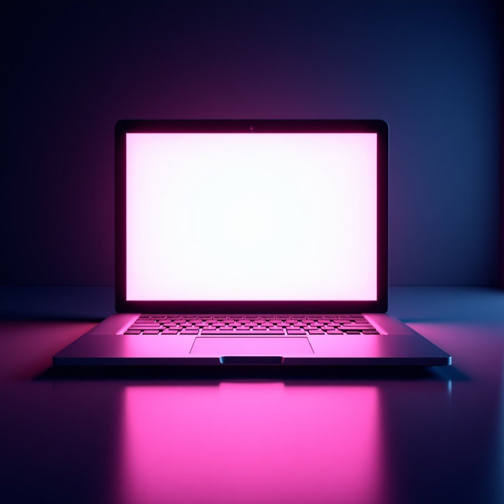 A bright and vibrant digital presentation screen with a silhouette of a laptop, futuristic and exciting atmosphere, 4:3