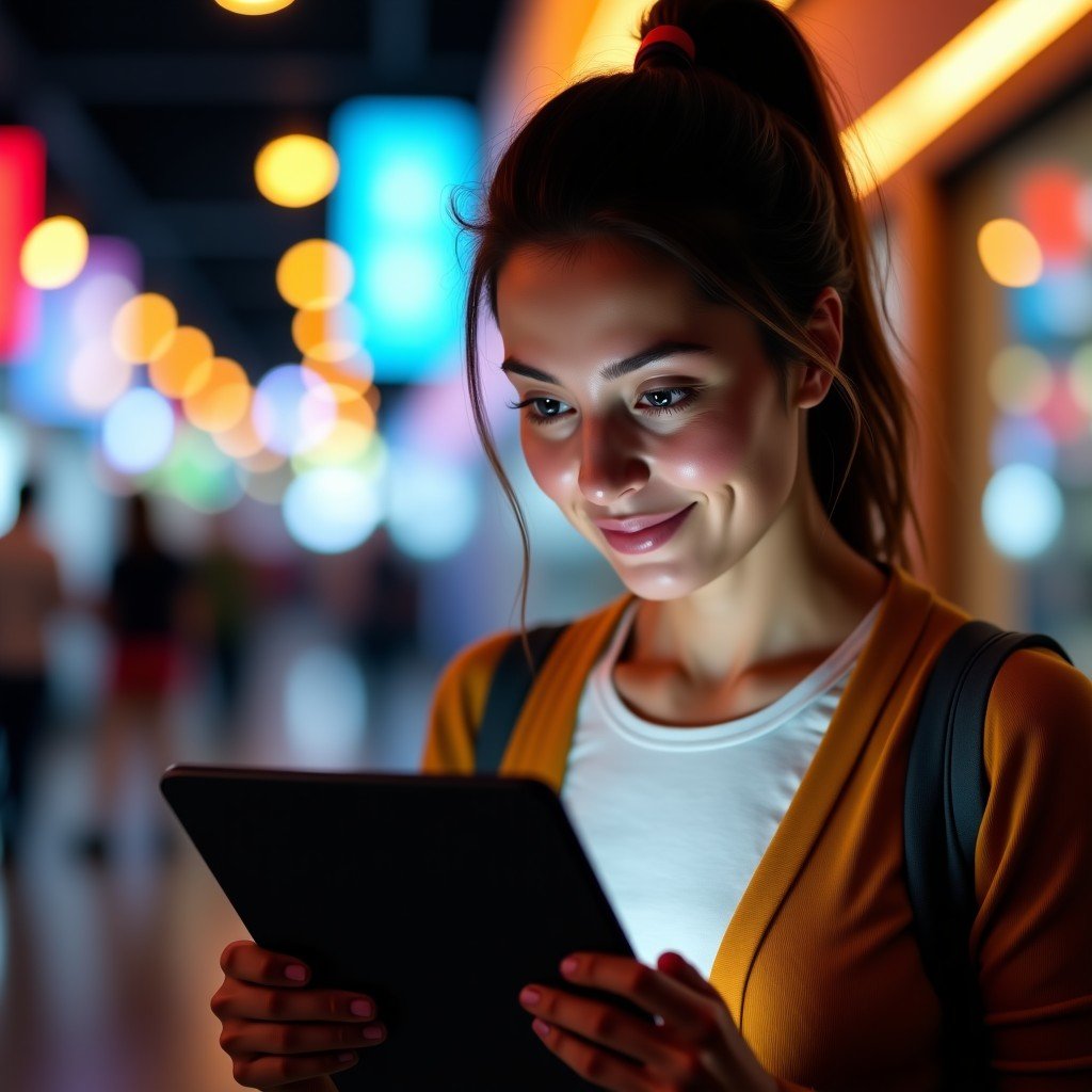 A close-up shot of a person looking at a digital tablet with a focused and excited expression. The background shows a blurry but colorful tech store environment. Warm lighting, realistic lifestyle photography. No text. 4:3