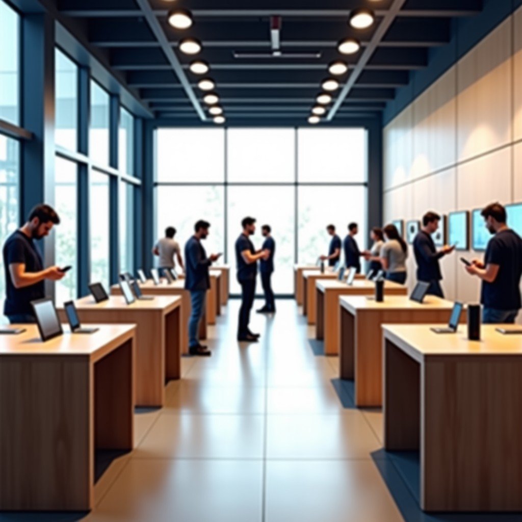 People naturally browsing and testing smartphones inside a bright and spacious tech store, wooden tables, modern interior, natural daylight coming through large windows. 4:3