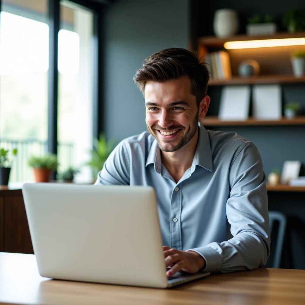 A young professional person looking at a new laptop screen with a satisfied expression, modern home office background, clean workspace, high quality portrait, 4:3